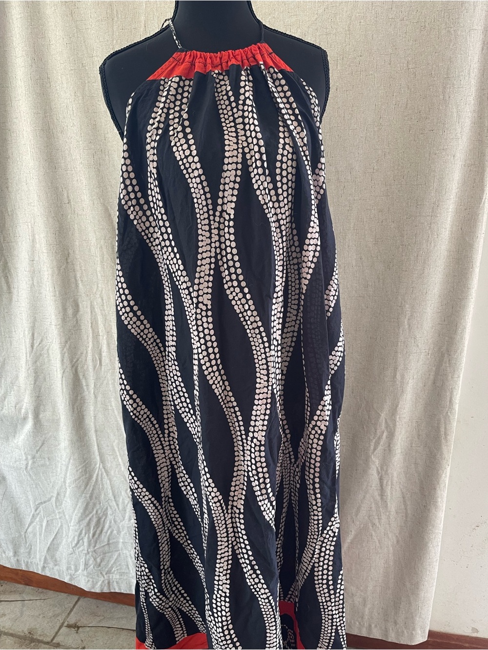 Handmade Navy and White Halter Maxi Dress with Orange Accents
